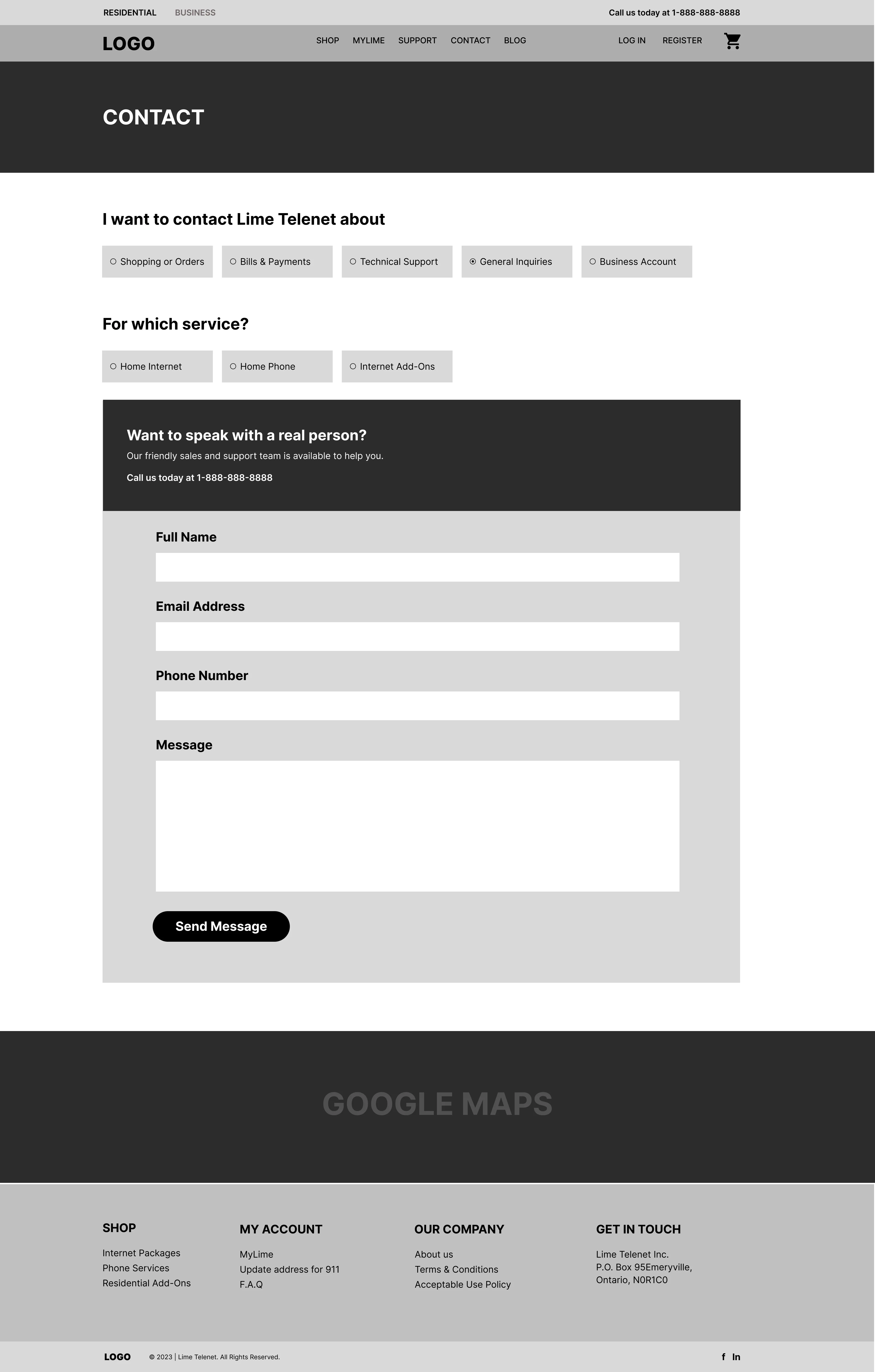 Wireframe of Lime Telenets contact page, highlighting the website's design and structure.