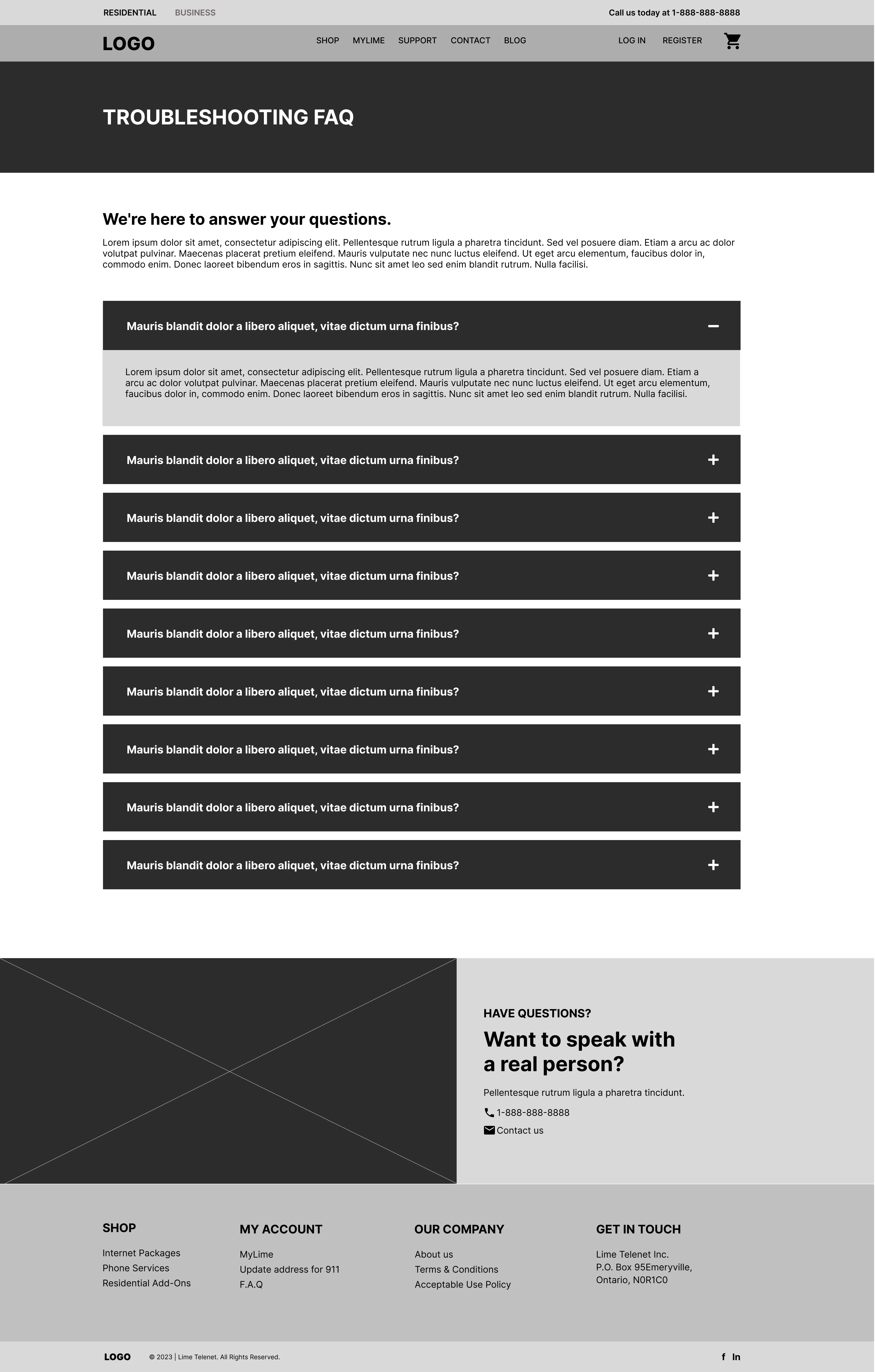 Wireframe of Lime Telenets frequently asked question page, highlighting the website's design and structure.