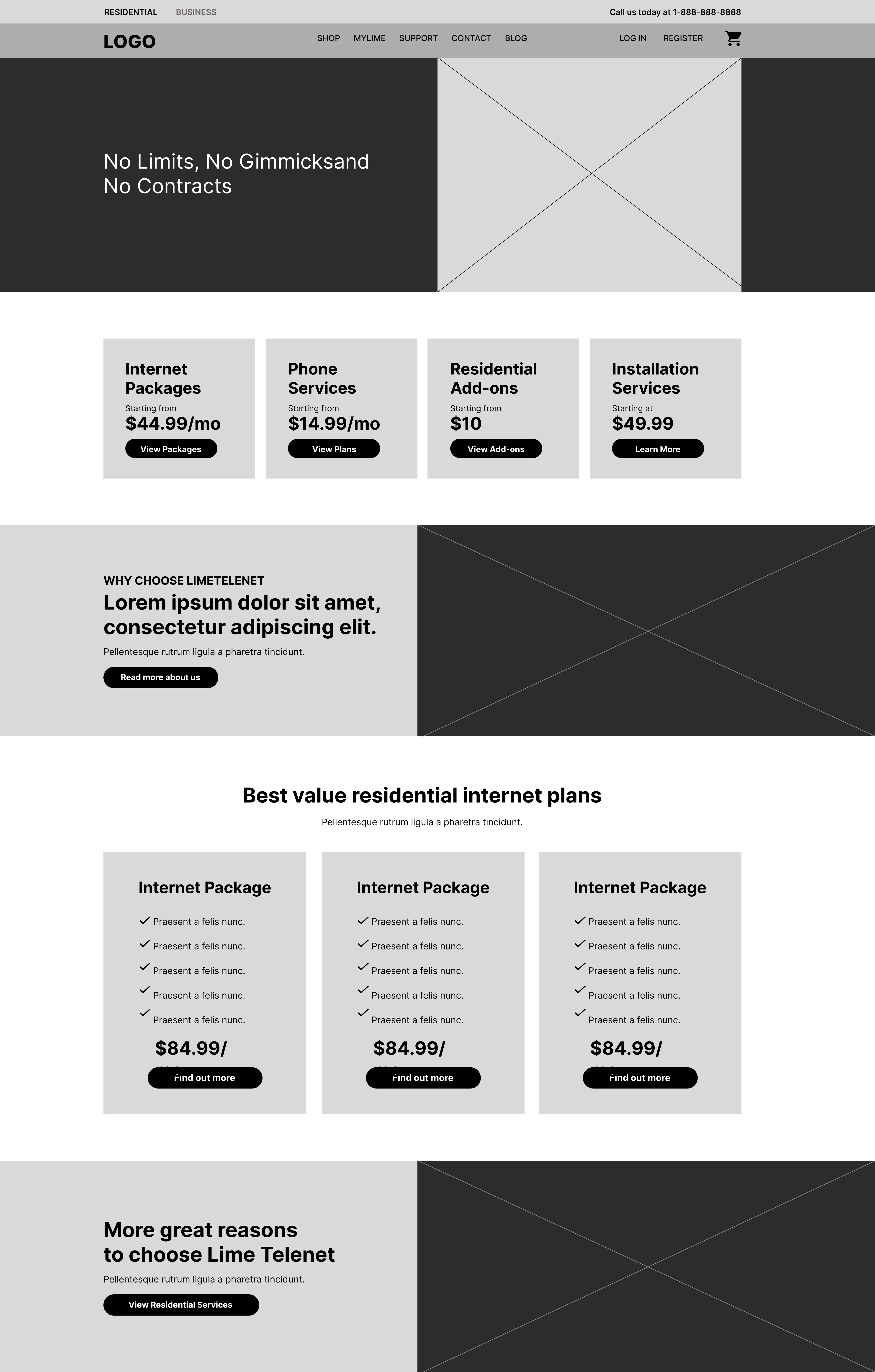 Wireframe of Lime Telenets homepage, highlighting the website's design and structure.