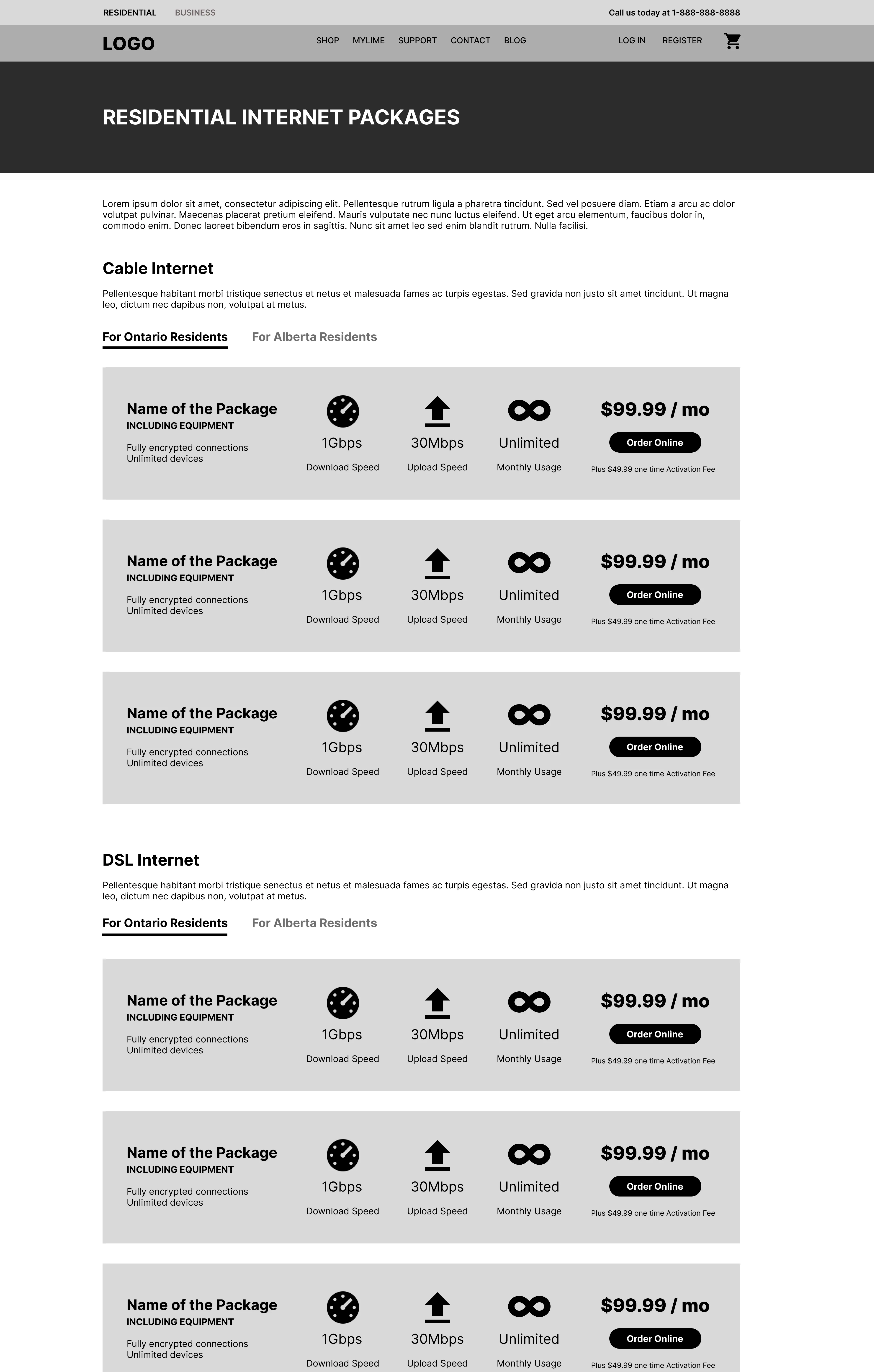 Wireframe of Lime Telenets residential internet service page, highlighting the website's design and structure.