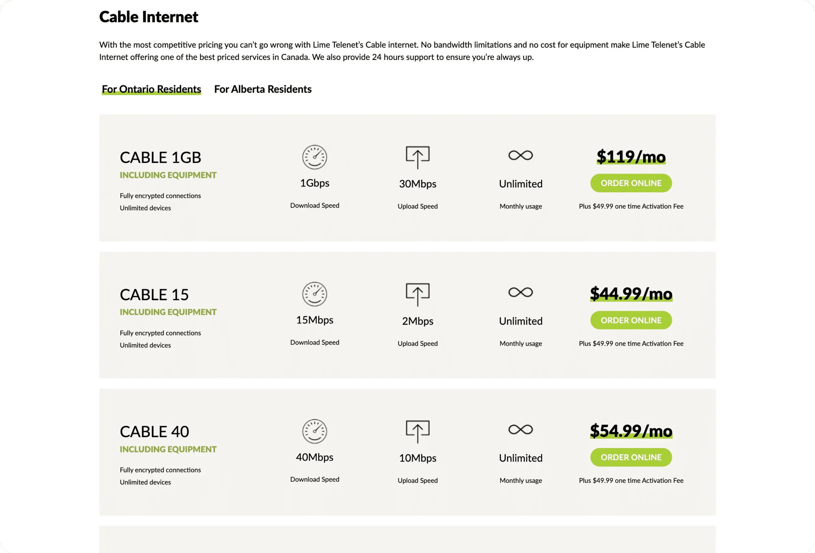 Lime Telenet residential internet packages desktop screenshot