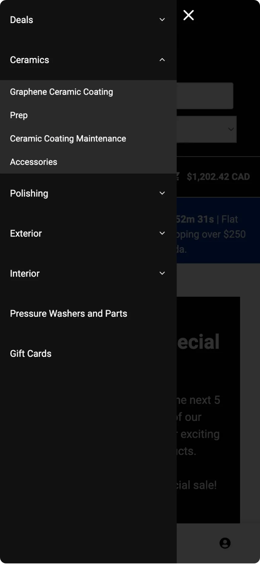 Show and shine ecommerce navigation mobile screenshot