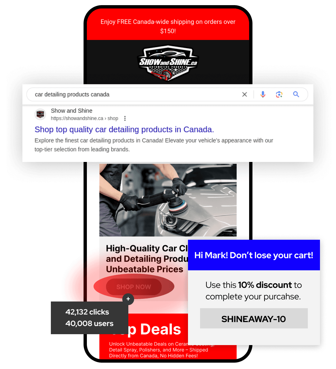 Mobile e-commerce site displaying car detailing services, highlighting #1 search ranking and a discount code screenshot.