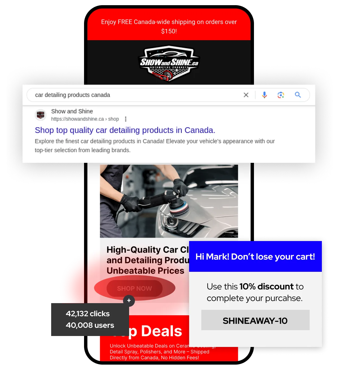 Mobile e-commerce site displaying car detailing services, highlighting #1 search ranking and a discount code screenshot.