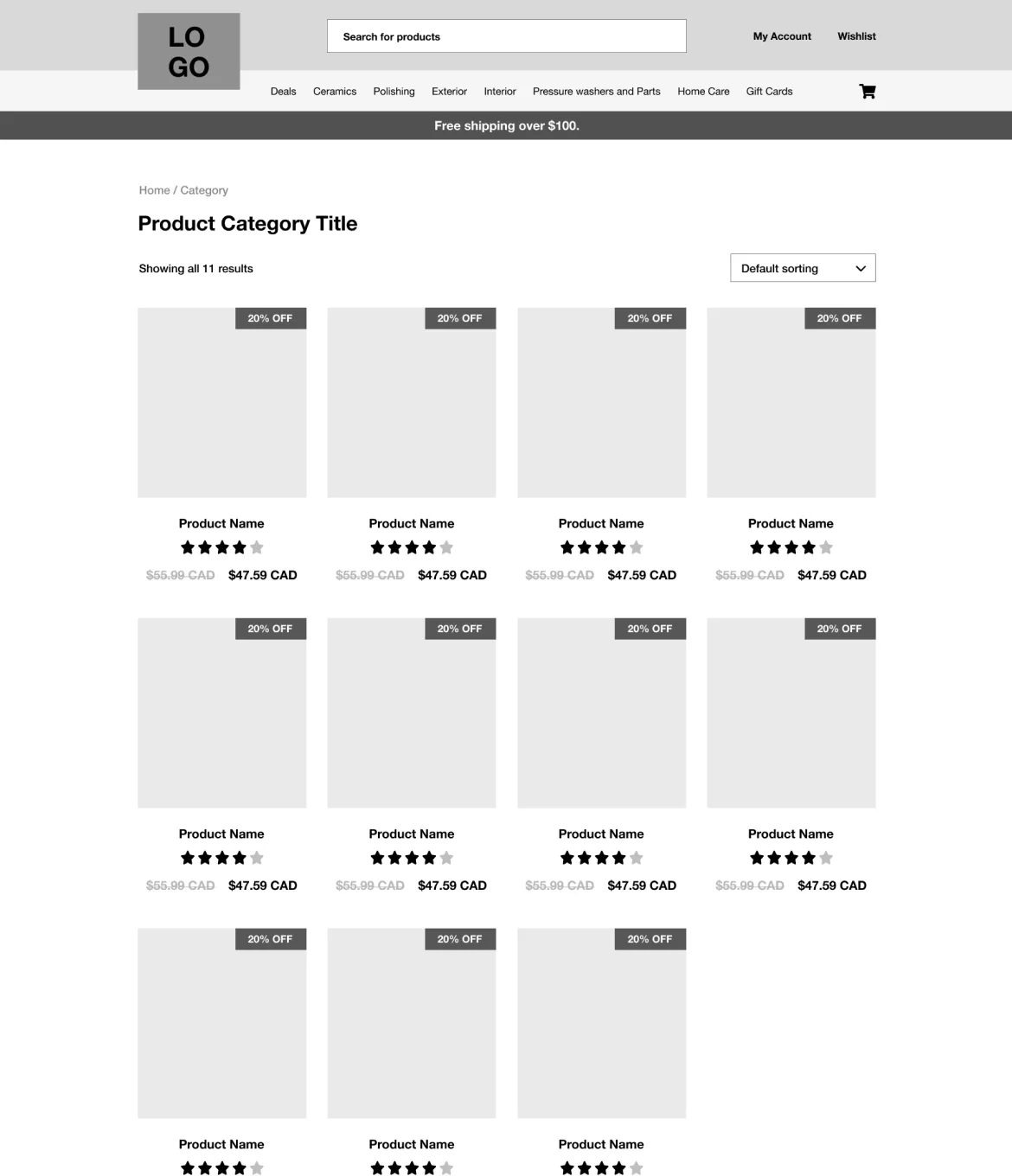 Wireframe of Show and Shines ecommerce product category page, highlighting the website's design and structure.