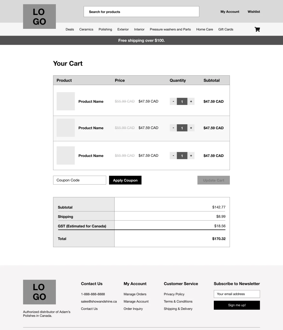 Wireframe of Show and Shines cart page, highlighting the website's design and structure.