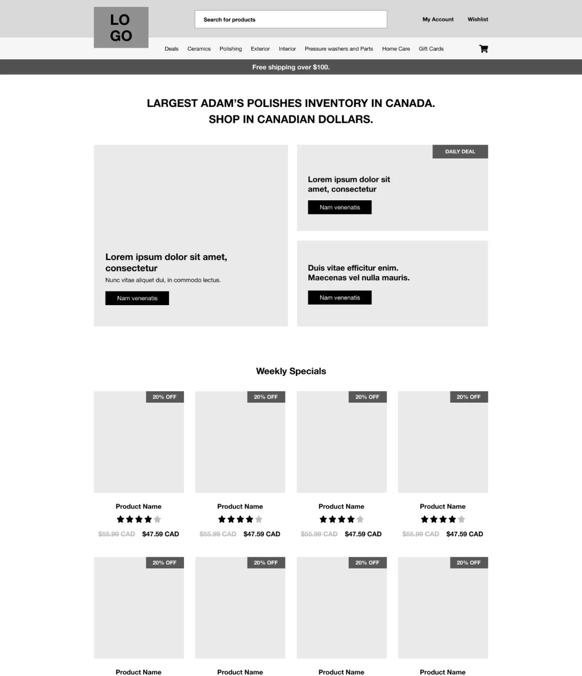 Wireframe of Show and Shines ecommerce homepage, highlighting the website's design and structure.