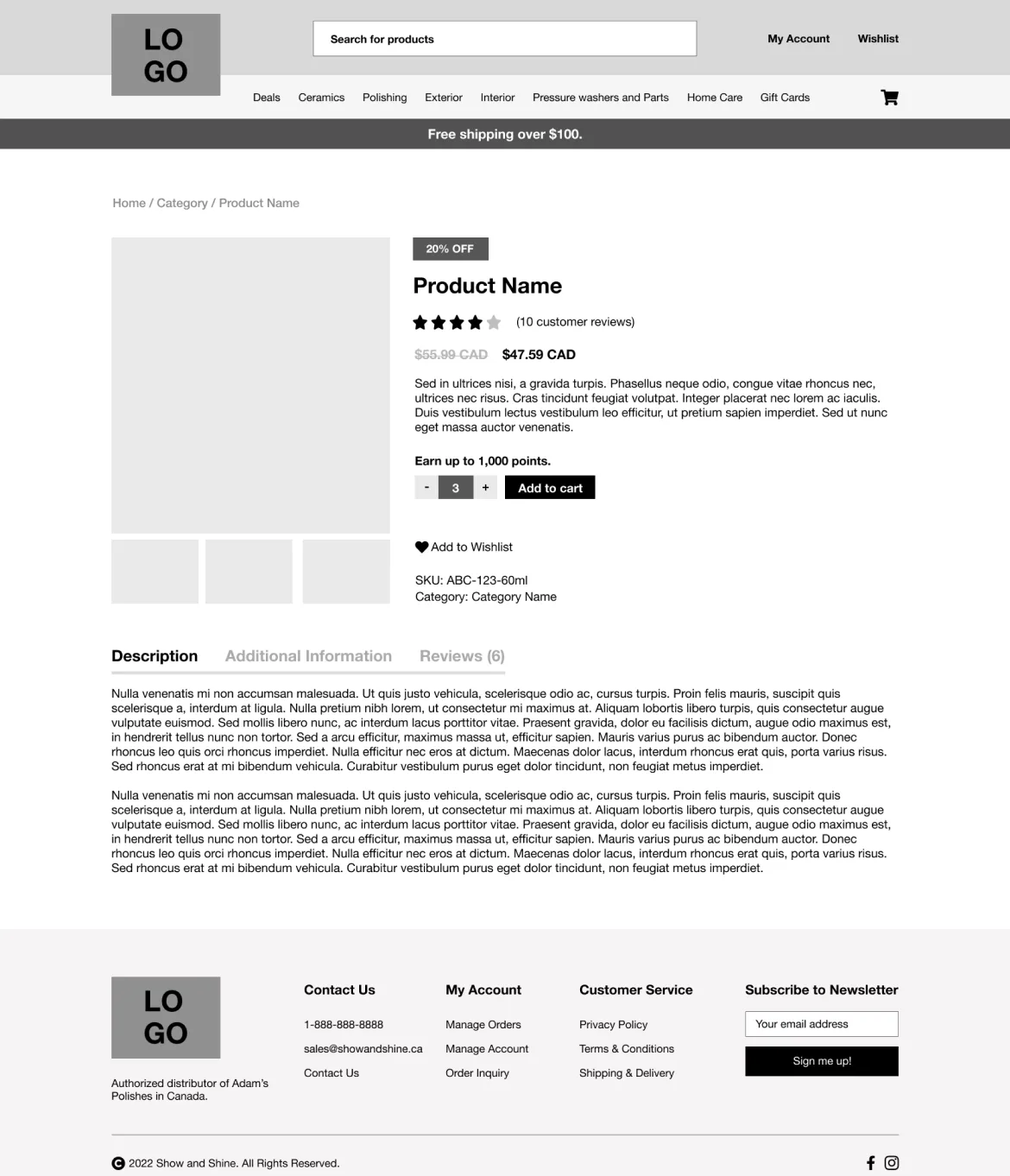 Wireframe of Show and Shines single product page, highlighting the website's design and structure.