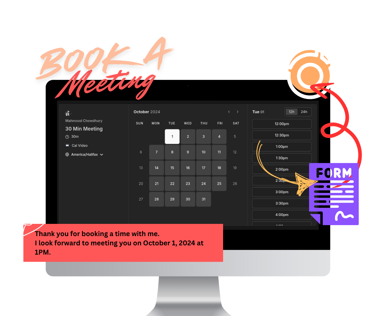Image illustrating data transfer from a booking platform to CRM via a meeting form, with email notification to the user.