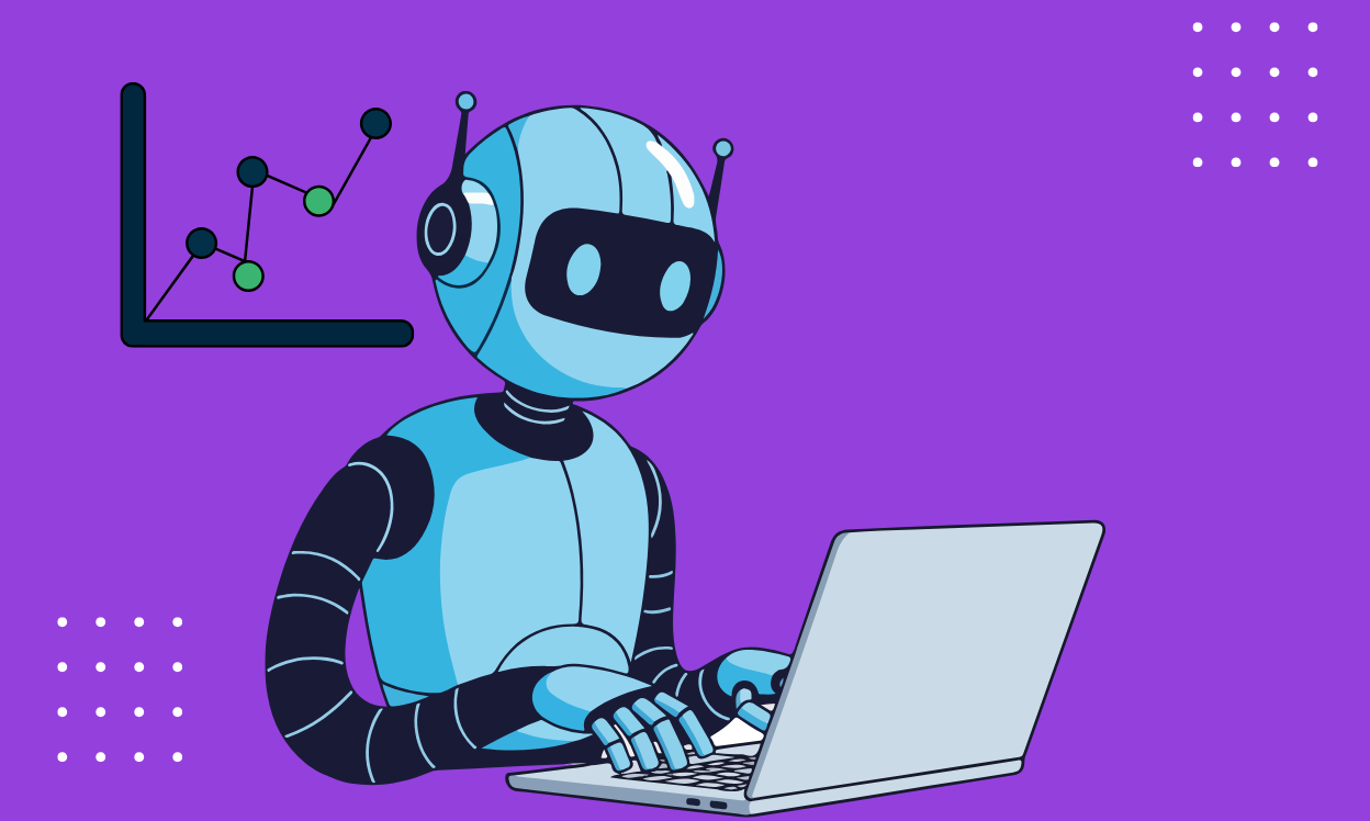 An AI robot typing on a laptop, focused on its screen while working on a task.