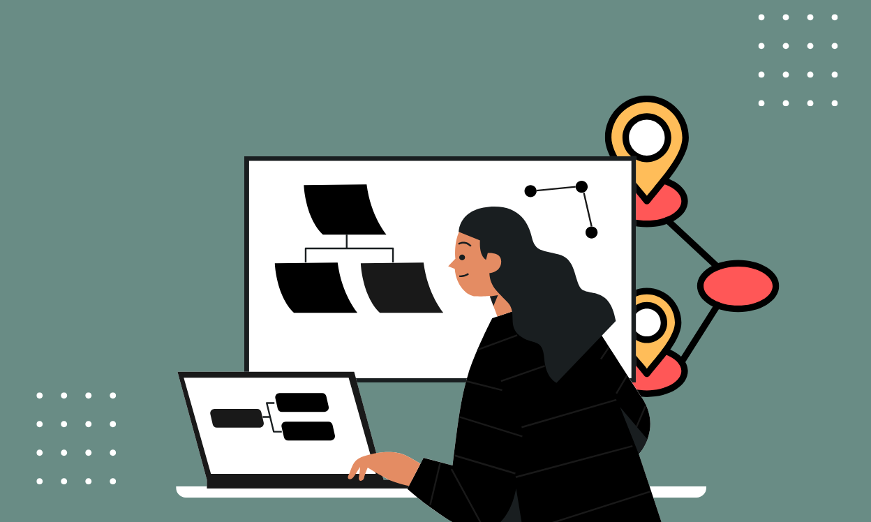 A woman focused on a laptop displaying a map, engaged in work or planning activities.