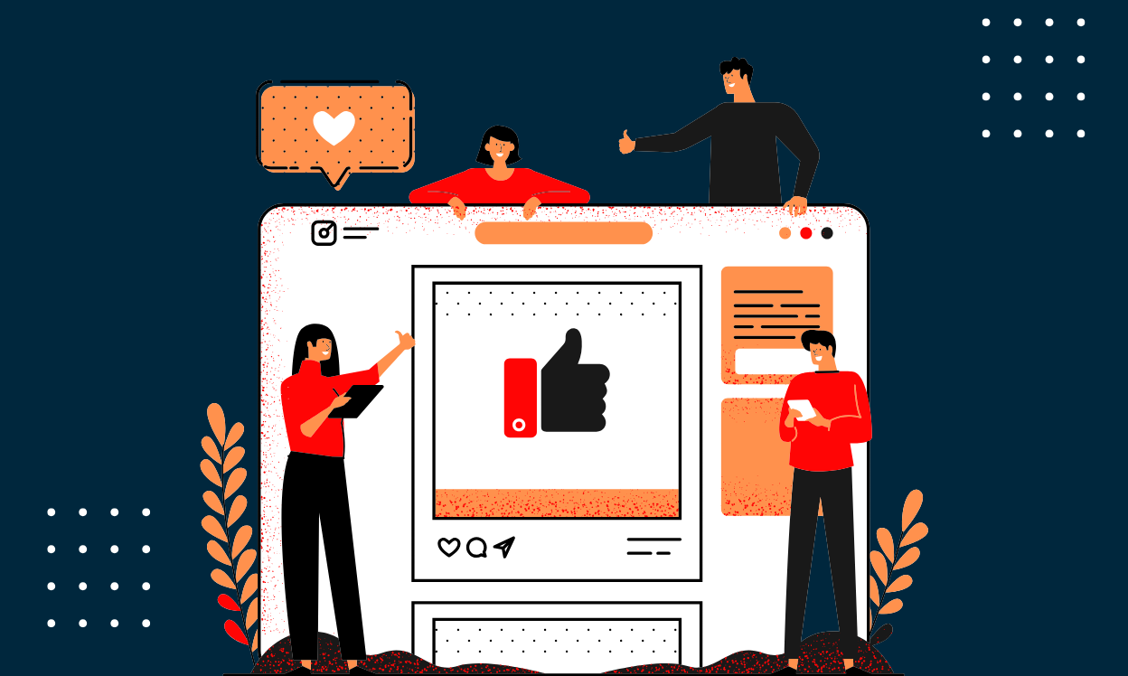 A group of people engaging with a social media page displaying a thumbs up icon, indicating approval or support.
