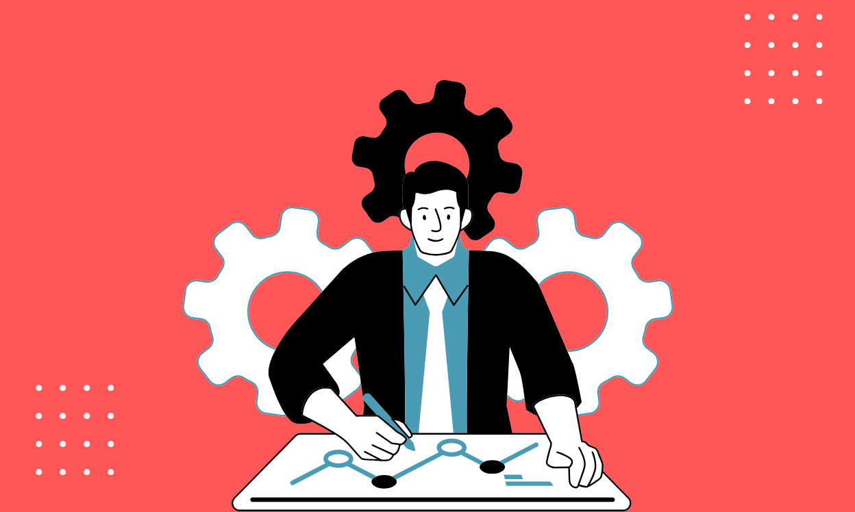 A man in a suit works on a laptop surrounded by gears, symbolizing productivity and innovation in a professional setting.