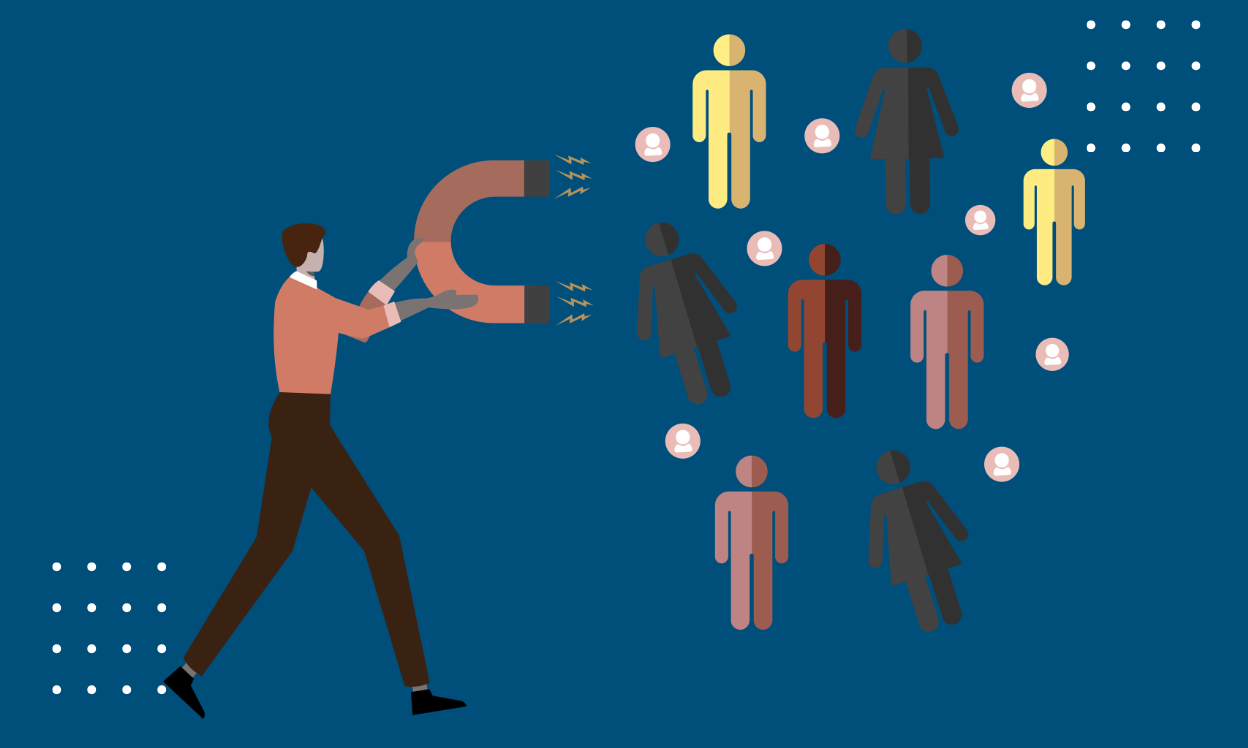 A man uses a magnet to draw a crowd, symbolizing lead attraction and engagement.