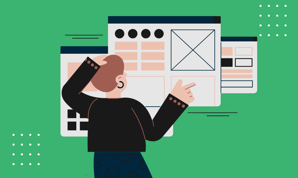 A person examines a design document displayed on a computer screen, focused on the details of the project.