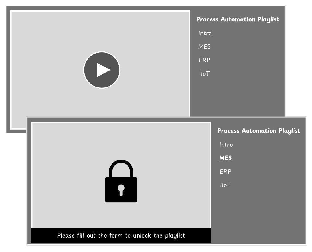 Image shows two screens: one featuring a video player and the other displaying a lock symbol for gated content.