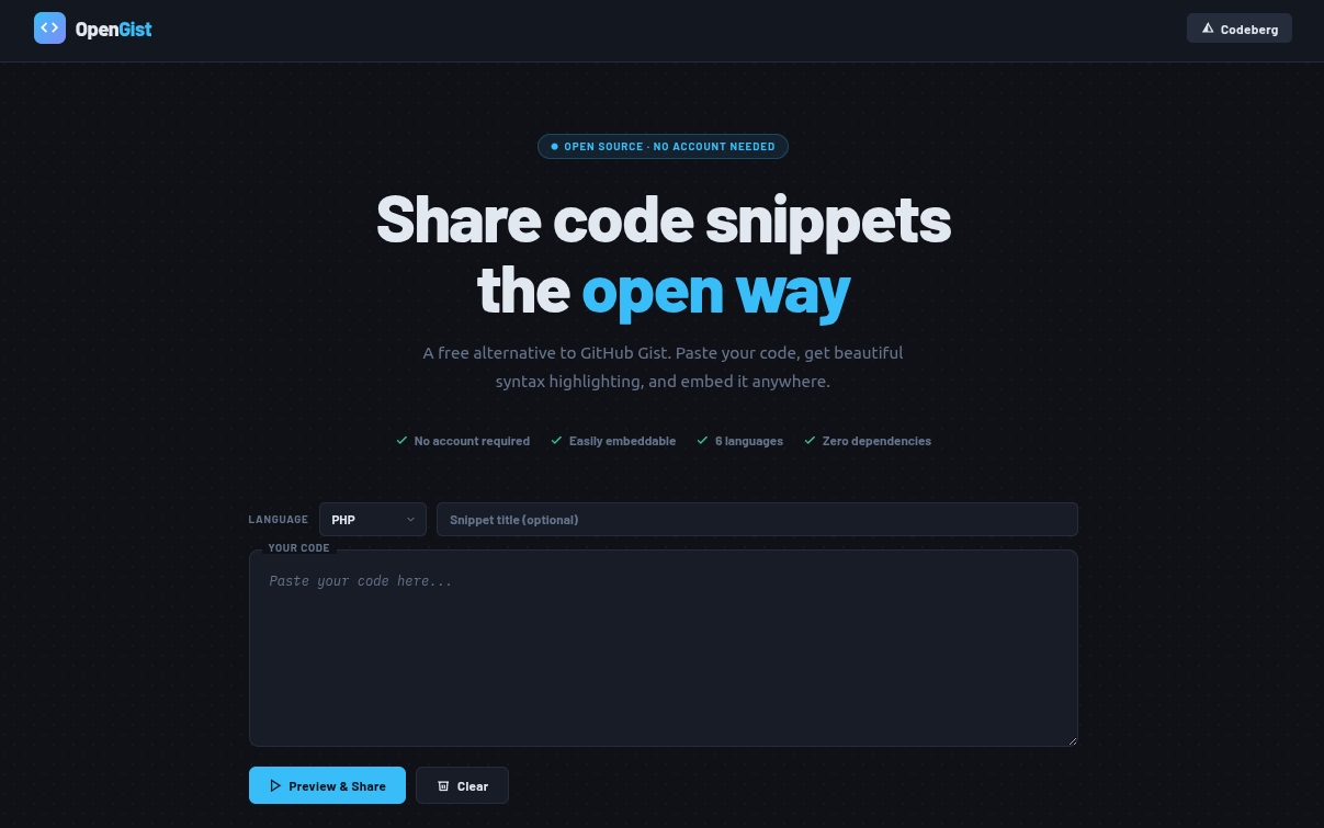 Screenshot of OpenGist webapp